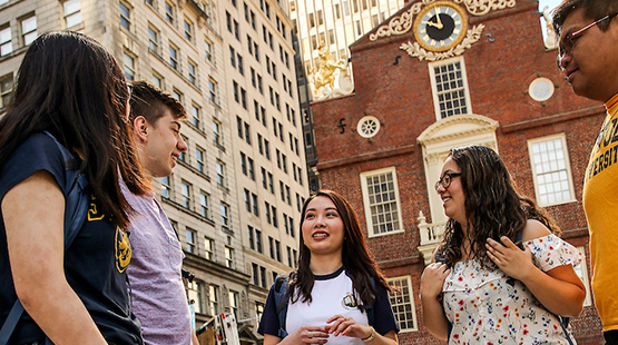 Students touring the Old State House in Boston during summer course tour.