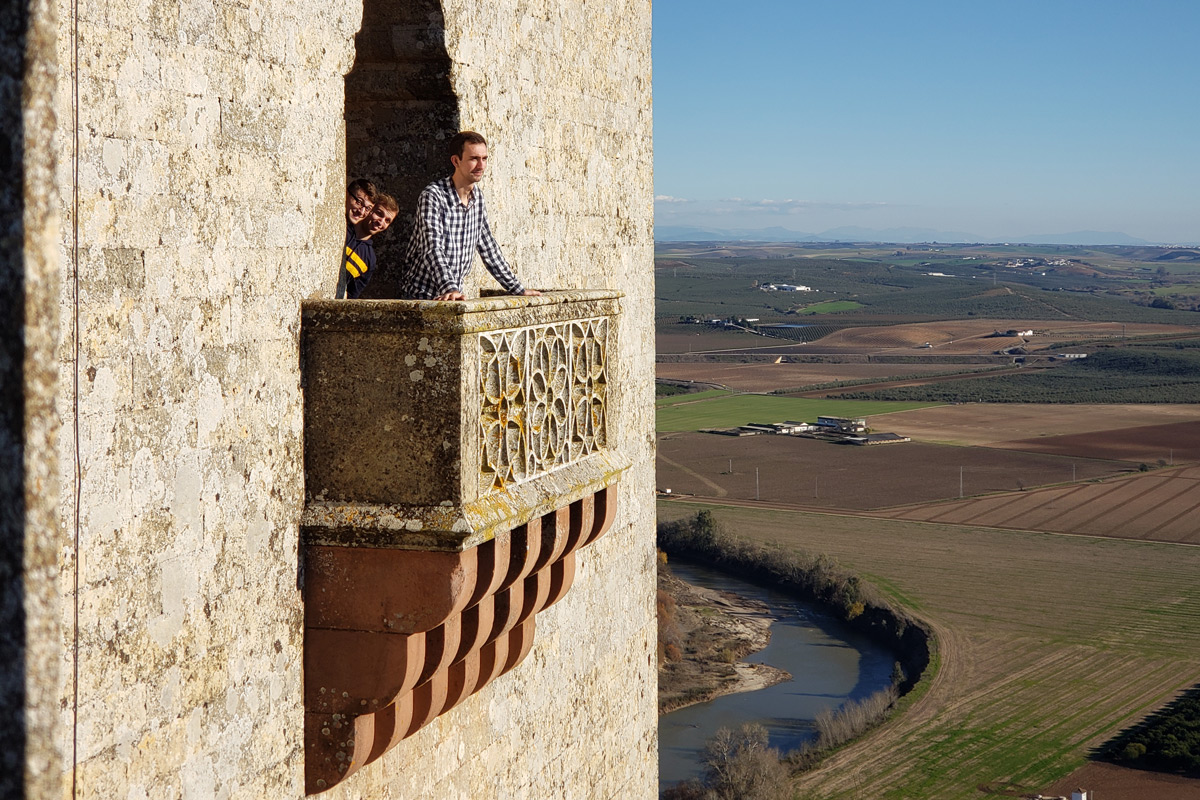 Suffolk student Matt looks out from a balcony in a castle in Spain.