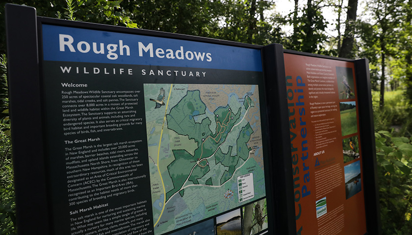 Massachusetts Audubon sign reads Rough Meadows Wildlife Sanctuary