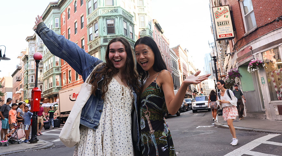 Suffolk students pose for a photo in Boston's North End neighborhood.