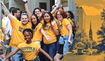 Photos of a group of students cheering in yellow Suffolk t-shirts alongside an aerial image of the Swan Boats at the Boston Public Garden