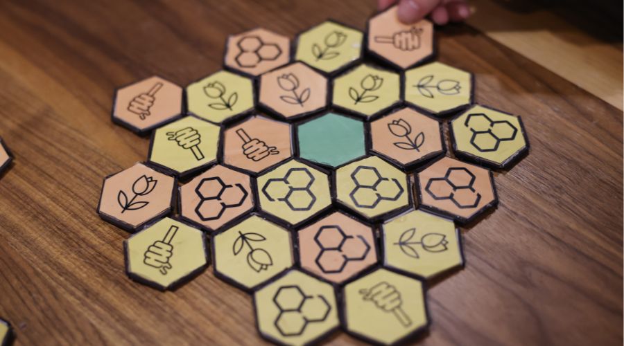 Hexagons with symbols on a table