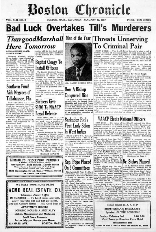 Front page of The Boston Chronicle from 1957