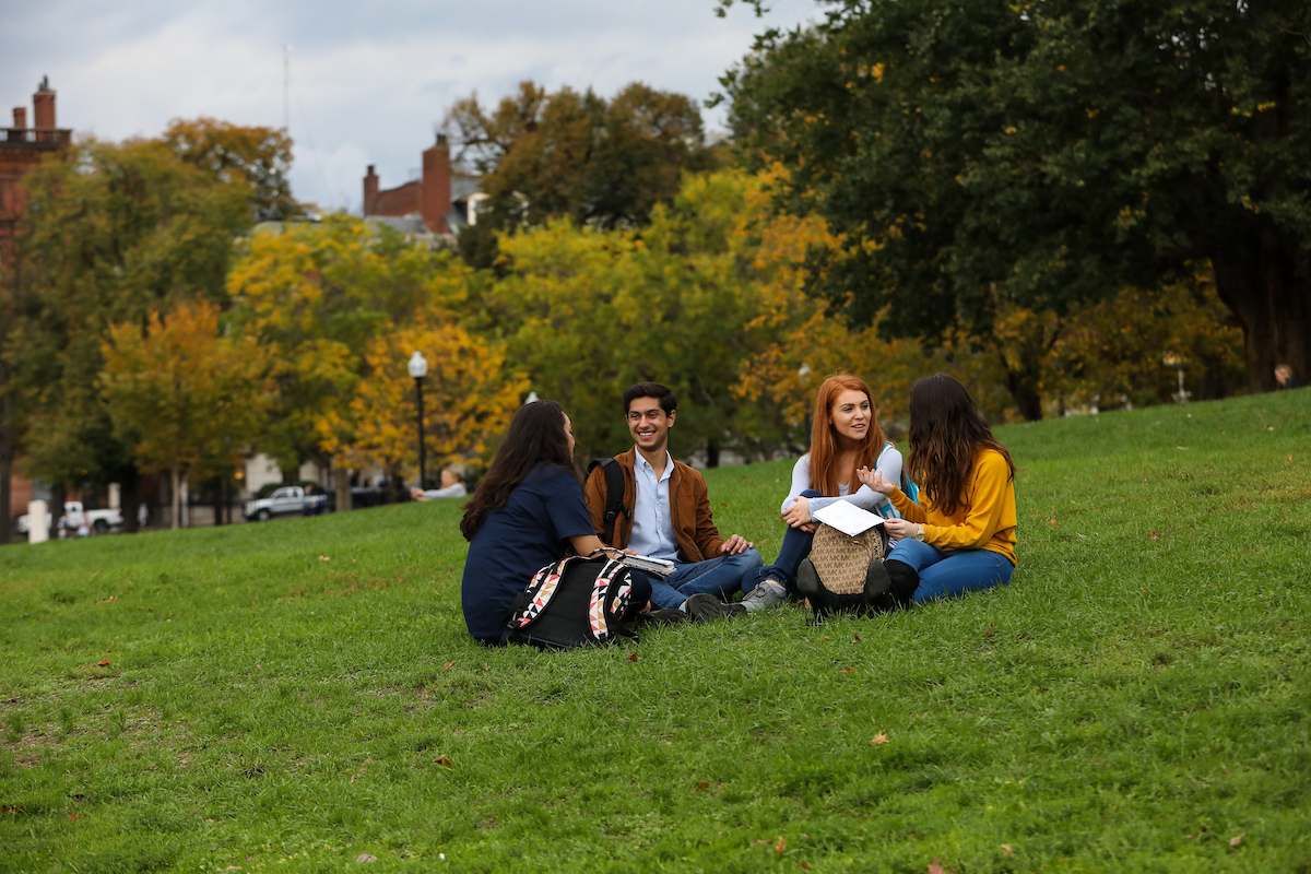 Suffolk student stroll through the Boston Common and Public Garden in the fall.