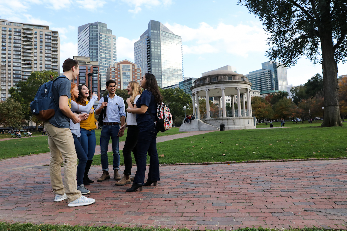 Suffolk student stroll through the Boston Common and Public Garden in the fall.