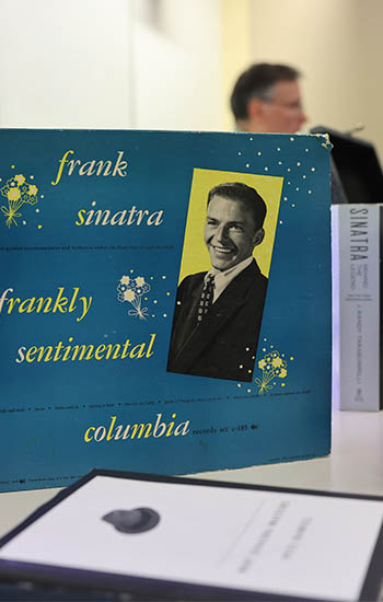 A close-up view of the Frank Sinatra album "Frankly Sentimental"