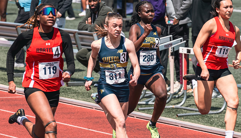 Amanda Walden (left) and JJ Conteh (right) running in the Commonwealth Coast Conference championships, held April 26-27 in Portsmouth, Rhode Island.