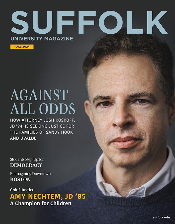 Front cover of the Suffolk University Alumni Magazine, Fall 2024 edition, featuring a portrait shot of Josh Koskoff, JD '94